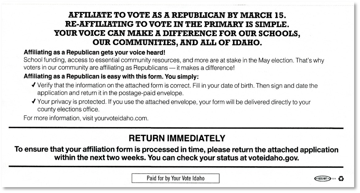 image example of a non-government mailer encouraging voters to change party affiliation