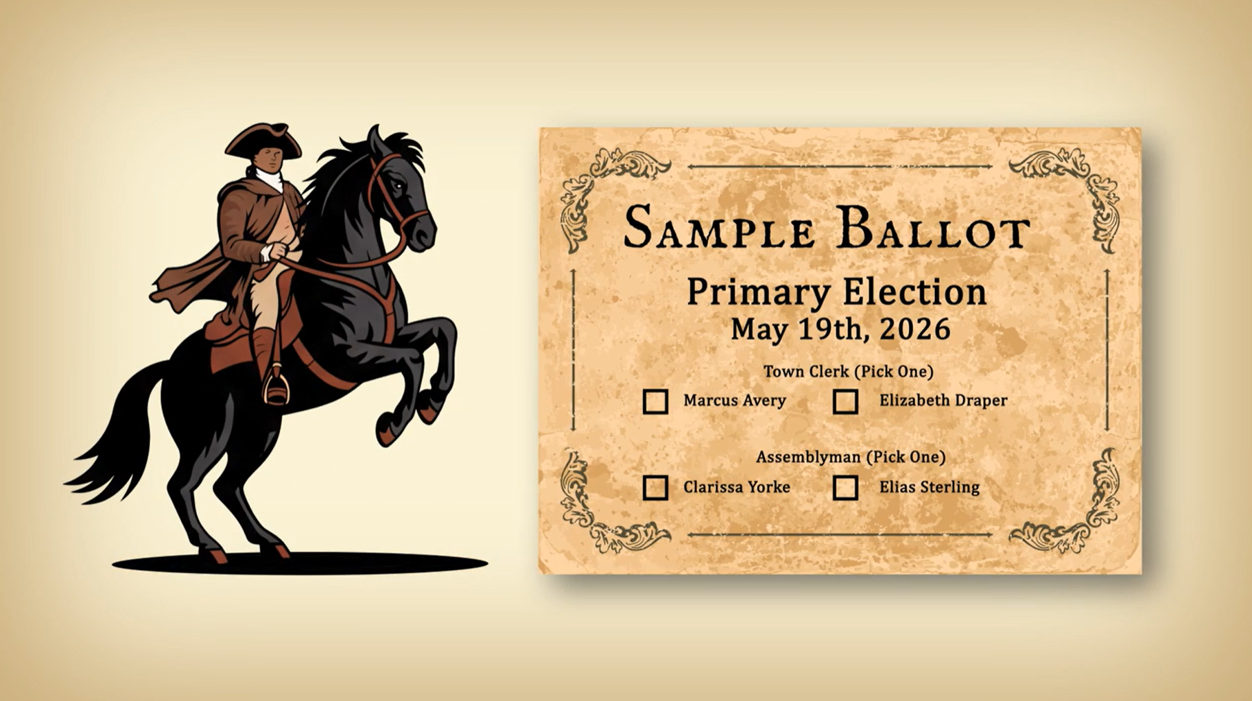 An illustrated colonial man with a tri-corn hat and long flowing coat sits atop a black horse rearing up next to a mock sample ballot.
