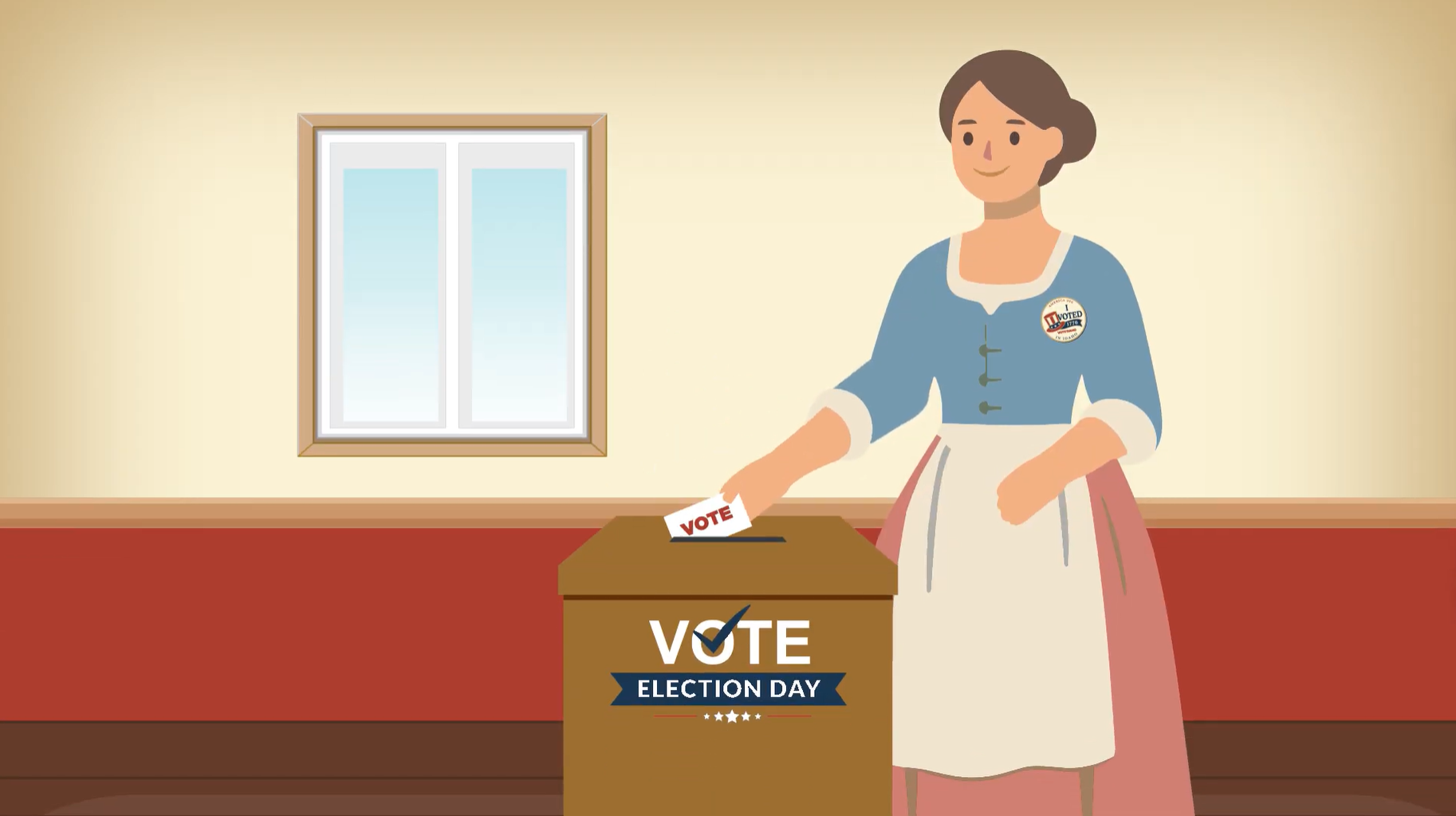 An illustrated colonial woman in a blue blouse and pink skirt with an apron places a ballot into a ballot box.